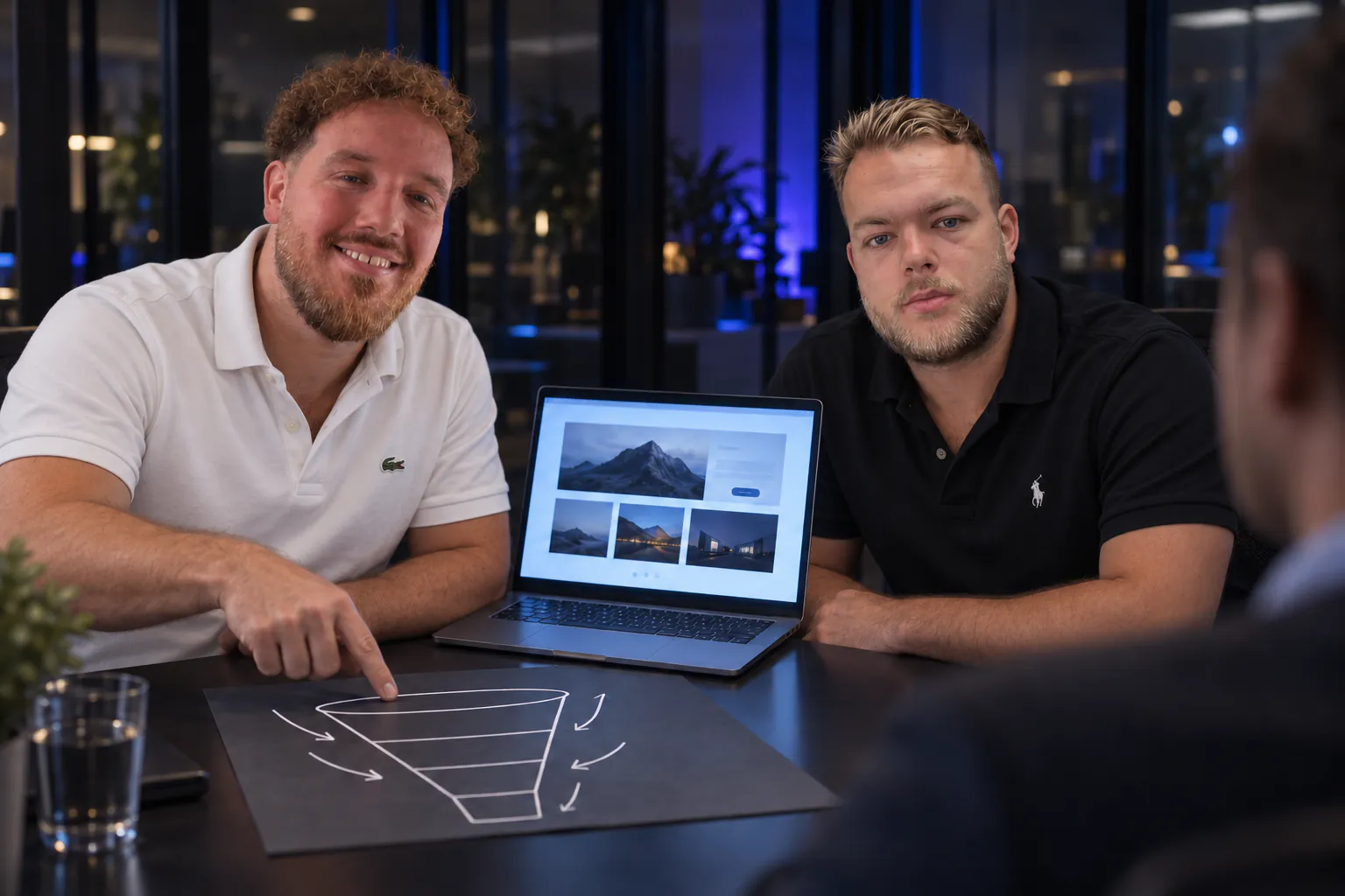 Dikkie en Simon presenteren een gratis conceptdesign; op de laptop scrolt de opgeleverde website van SLK Techniek
